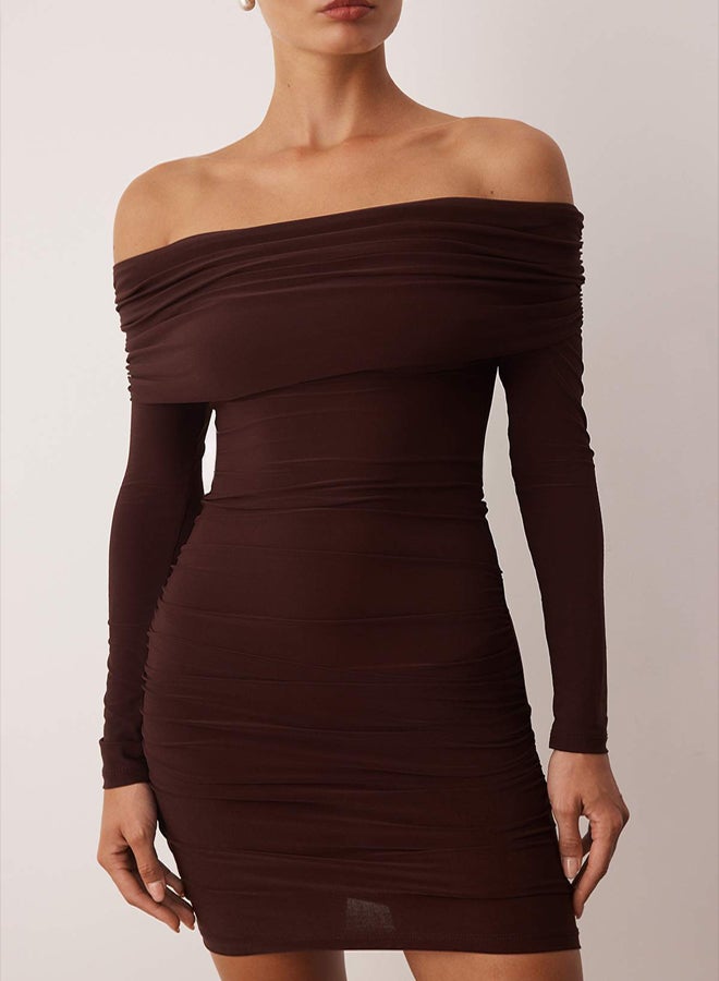 trendyol Brown Straight Carmen Collar Bodycone/Fitted Ribbed Stretchy Mini Knitted Dress - Image 3