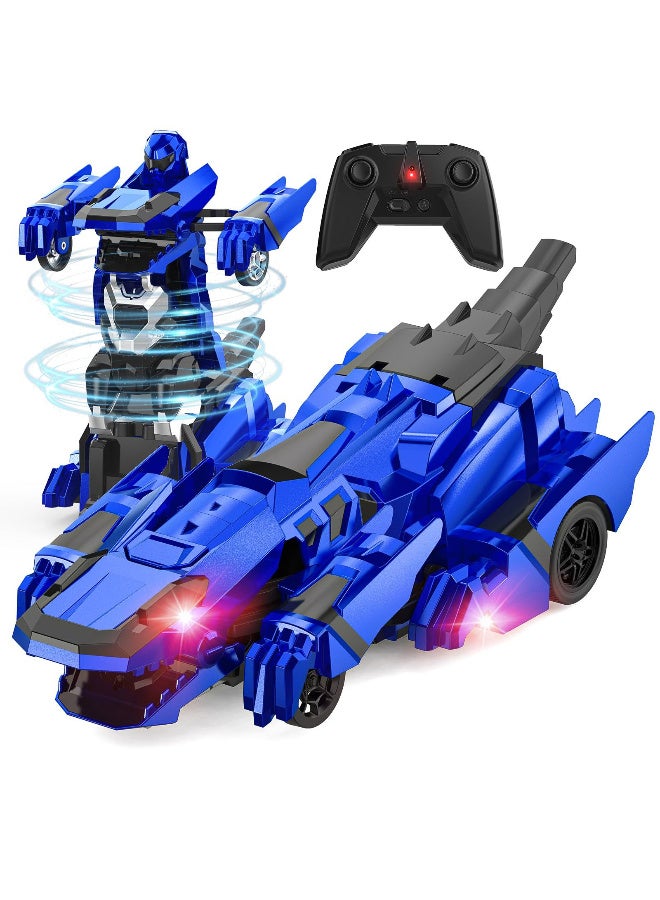 ZESITH 2.4G Remote Control Dinosaur Transforming Car, One Key Deformation Robot Upright Walking Battle Kids Toy – Blue - Image 1