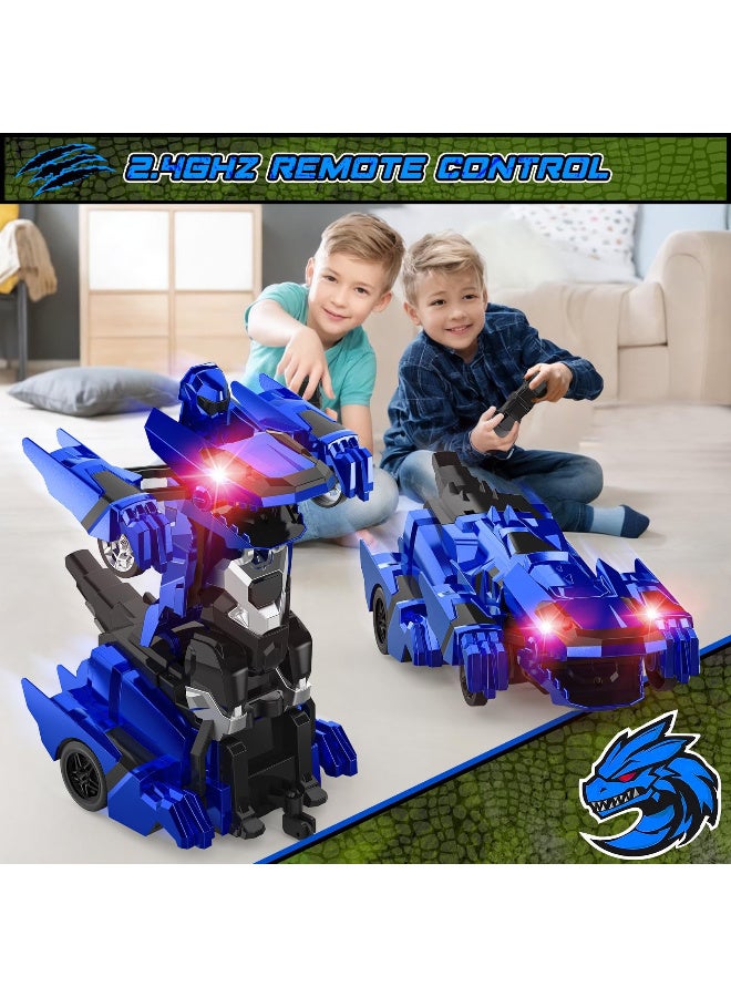 ZESITH 2.4G Remote Control Dinosaur Transforming Car, One Key Deformation Robot Upright Walking Battle Kids Toy – Blue - Image 2