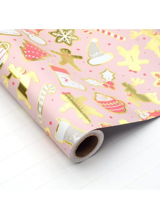 LDGOOAEL Mini Christmas Wrapping Paper Roll (17 inches X 32.8 feet) - Easy-Tear Cut Lines on Back - Pink Gold with Metallic Shine for Small/Medium Gifts, Xmas Party - Image 1