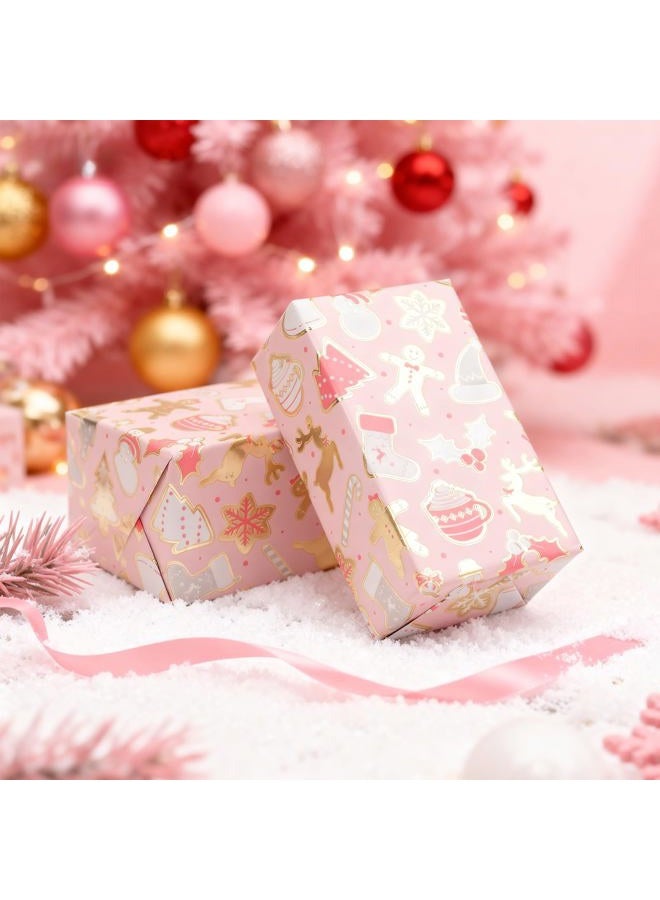 LDGOOAEL Mini Christmas Wrapping Paper Roll (17 inches X 32.8 feet) - Easy-Tear Cut Lines on Back - Pink Gold with Metallic Shine for Small/Medium Gifts, Xmas Party - Image 4