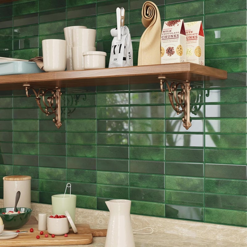 CRE8TIVE 4 Sheets Green Straight Linear Peel and Stick Backsplash Stick on Tiles for Kitchen Bathroom Green Wall Tile Stickers Waterproof 12"x12" Renter Friendly Self Adhesive Kitchen Backsplash Tiles - Image 3