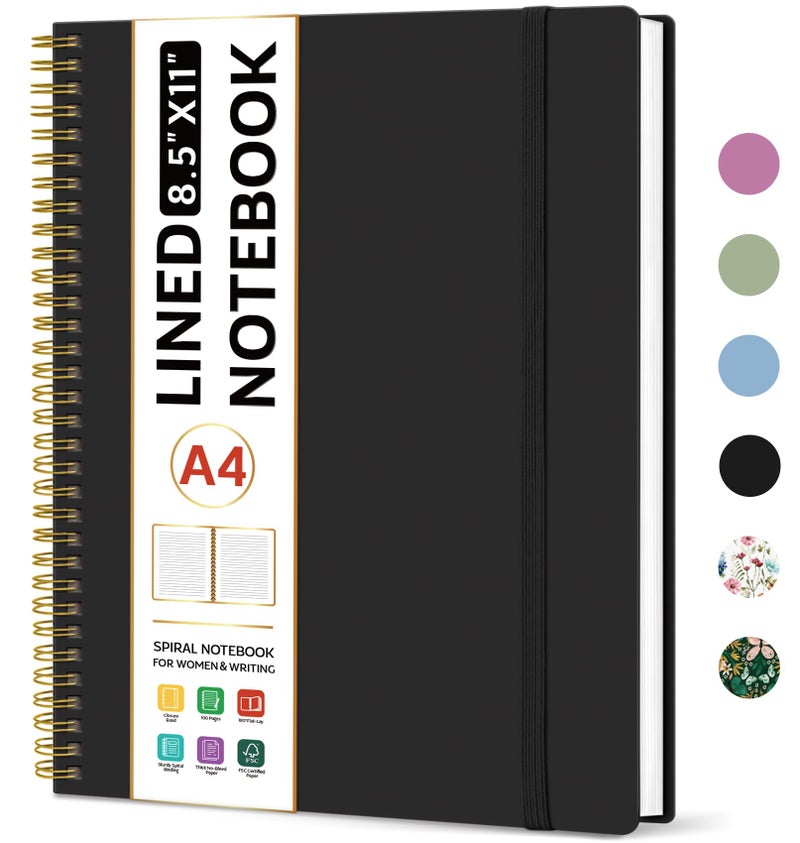 Taja Spiral Lined Notebook, 8.5"x11" Notebooks for Work, Large A4 Journal for Women & Men, College Ruled Journaling Notebook for Writing, Plastic Cover Spiral Journal, Black - Image 1
