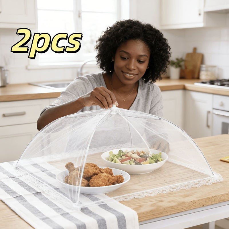 Set Of 2 Collapsible White Mesh Food Covers Effective Protection Against Insects And Flies Convenient Outdoor Dining Table Cover For Picnics Barbecues And Gatherings - Image 1