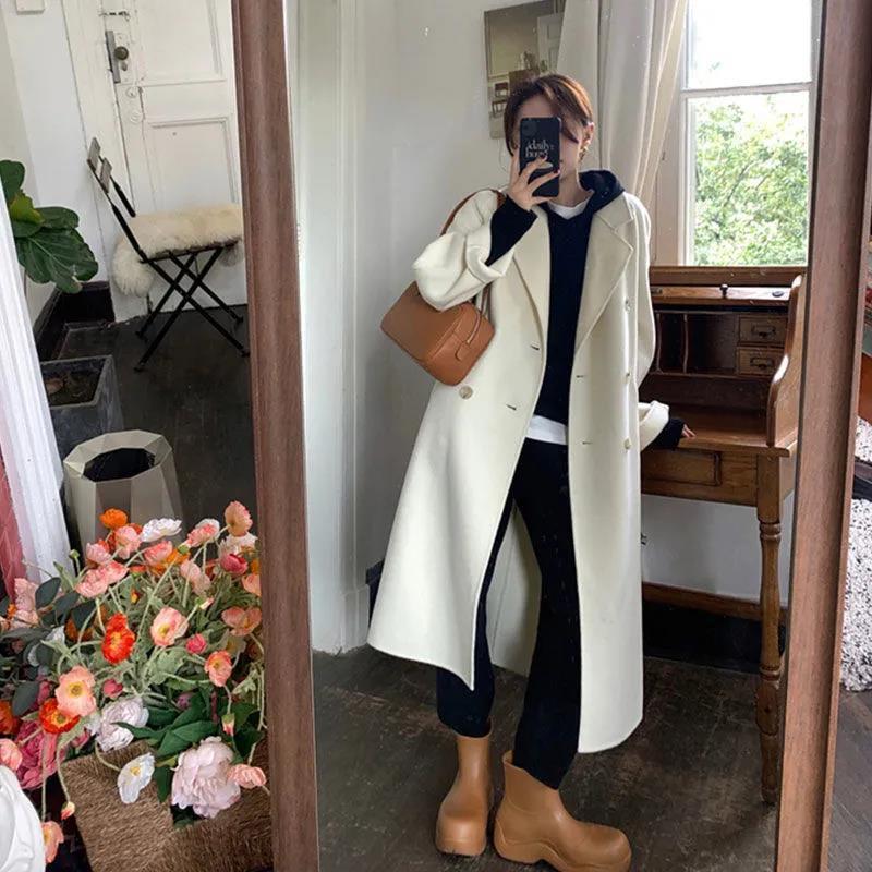 Womens Hepburn Style Long Woolen Coat Fifty Gentle Style Scarf Collar Woolen Coat Women Black [cotton padded]] - Image 2