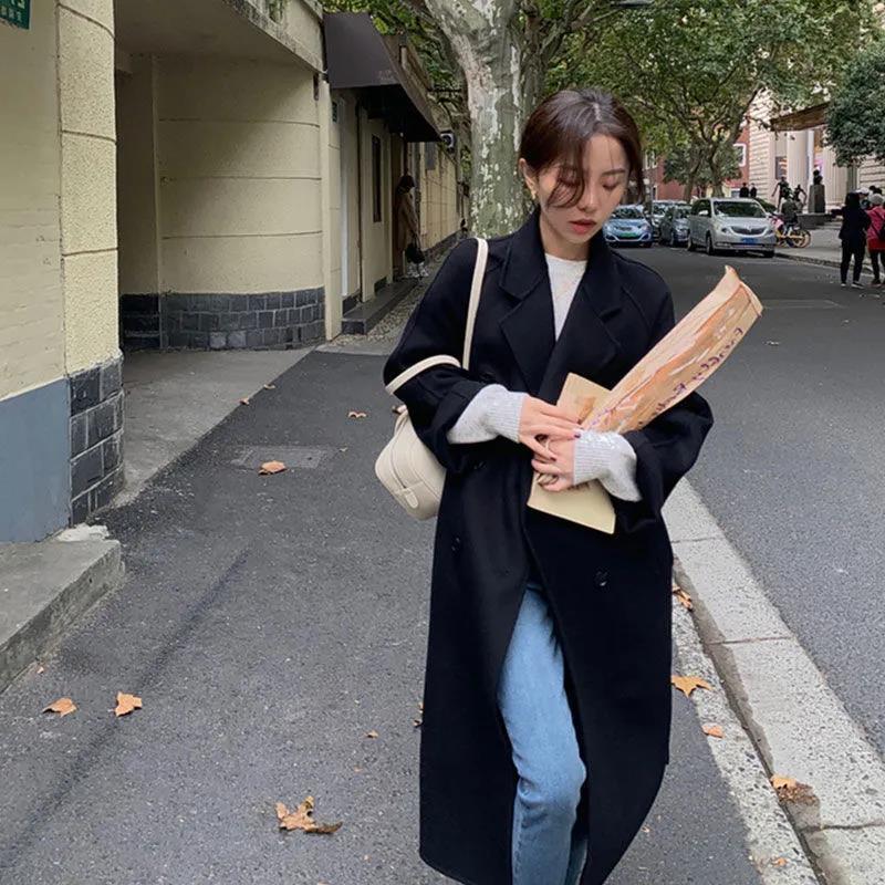 Womens Hepburn Style Long Woolen Coat Fifty Gentle Style Scarf Collar Woolen Coat Women Black [cotton padded]] - Image 1