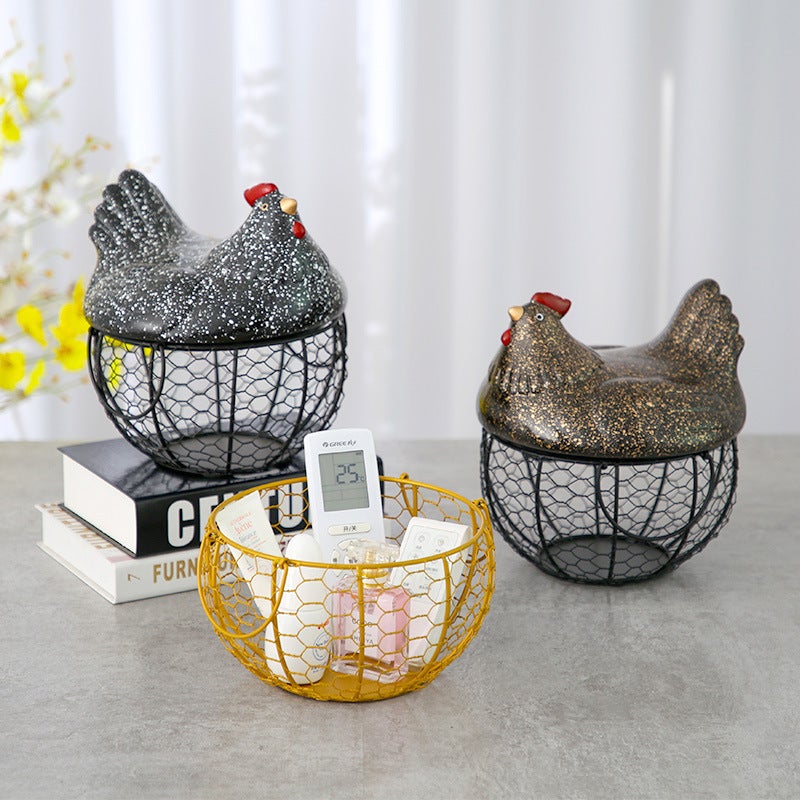 Handmade Retro Decorative Storage Tray with Ceramic Lid and Iron Basket - Image 1