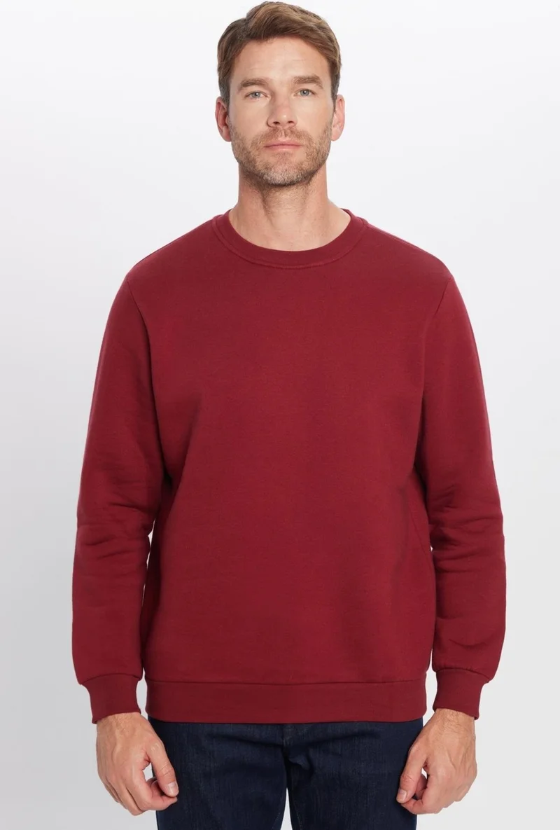 تودورس Unisex Oversize Wide Cut Cotton Soft Textured Fleece Inside Basic Claret Red Crew Neck Sweatshirt