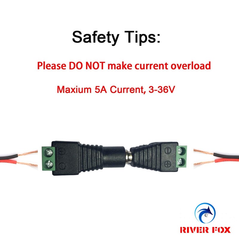 RIVER FOX 20 Pairs DC Power Jack Plug Connector, 12V 24V Male + Female 2.1mm x 5.5mm Barrel Connectors for CCTV Camera,Led Strip Light, DVR (20 x Male + 20 x Female) - Image 3