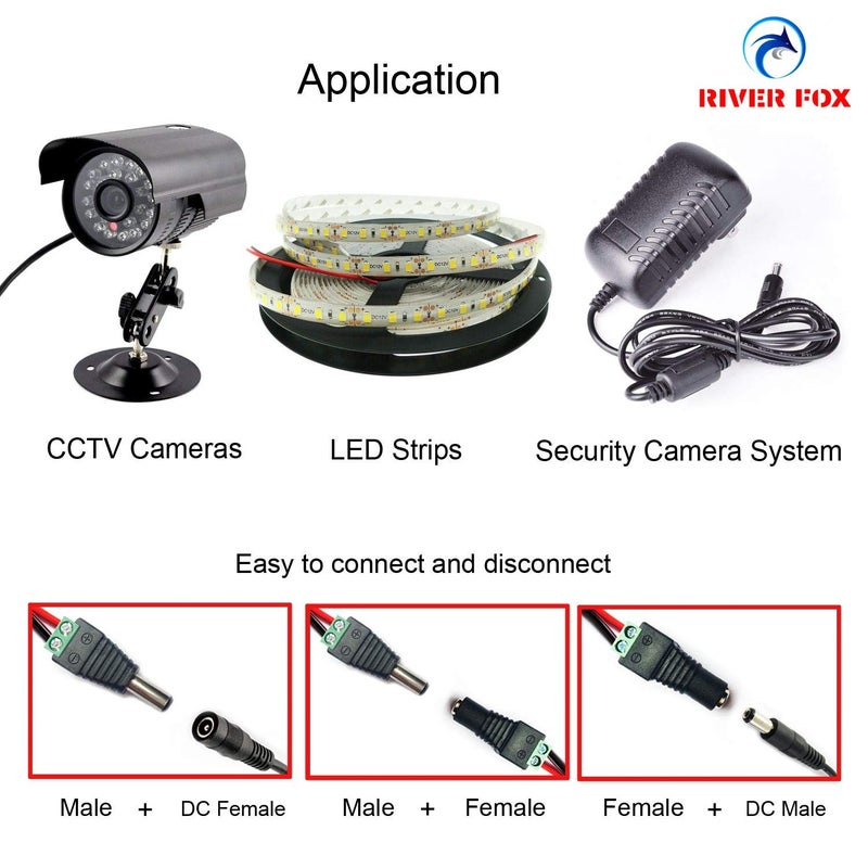 RIVER FOX 20 Pairs DC Power Jack Plug Connector, 12V 24V Male + Female 2.1mm x 5.5mm Barrel Connectors for CCTV Camera,Led Strip Light, DVR (20 x Male + 20 x Female) - Image 1