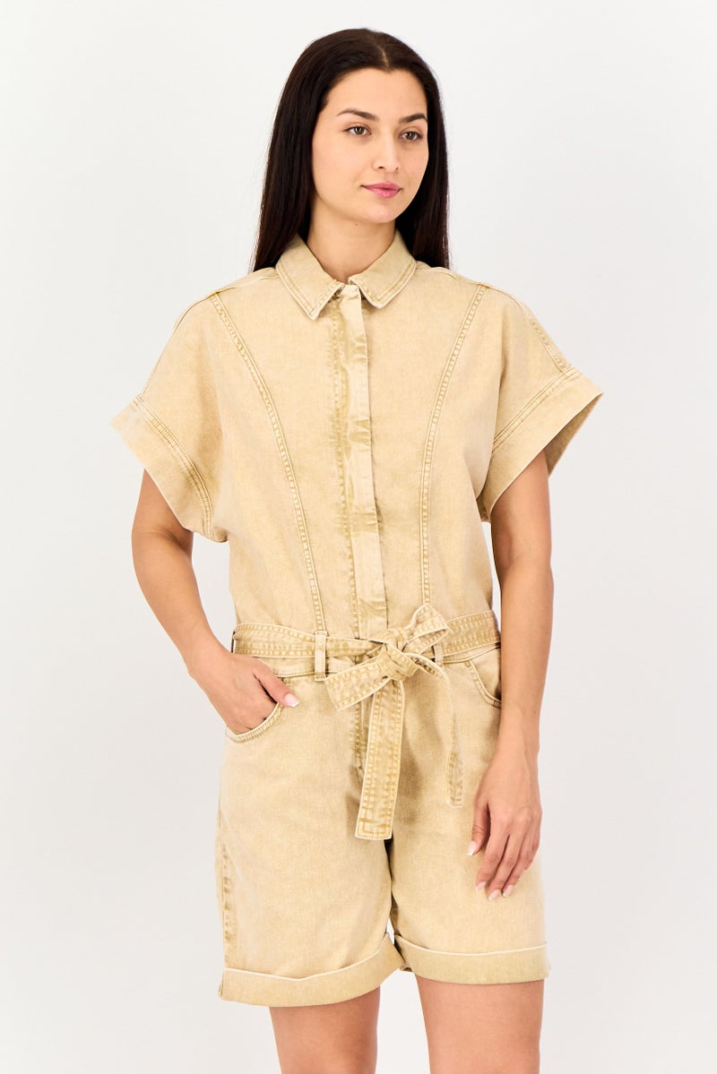 Reiko Women Short Sleeve Washed Denim Jumpsuits, Beige - Image 1