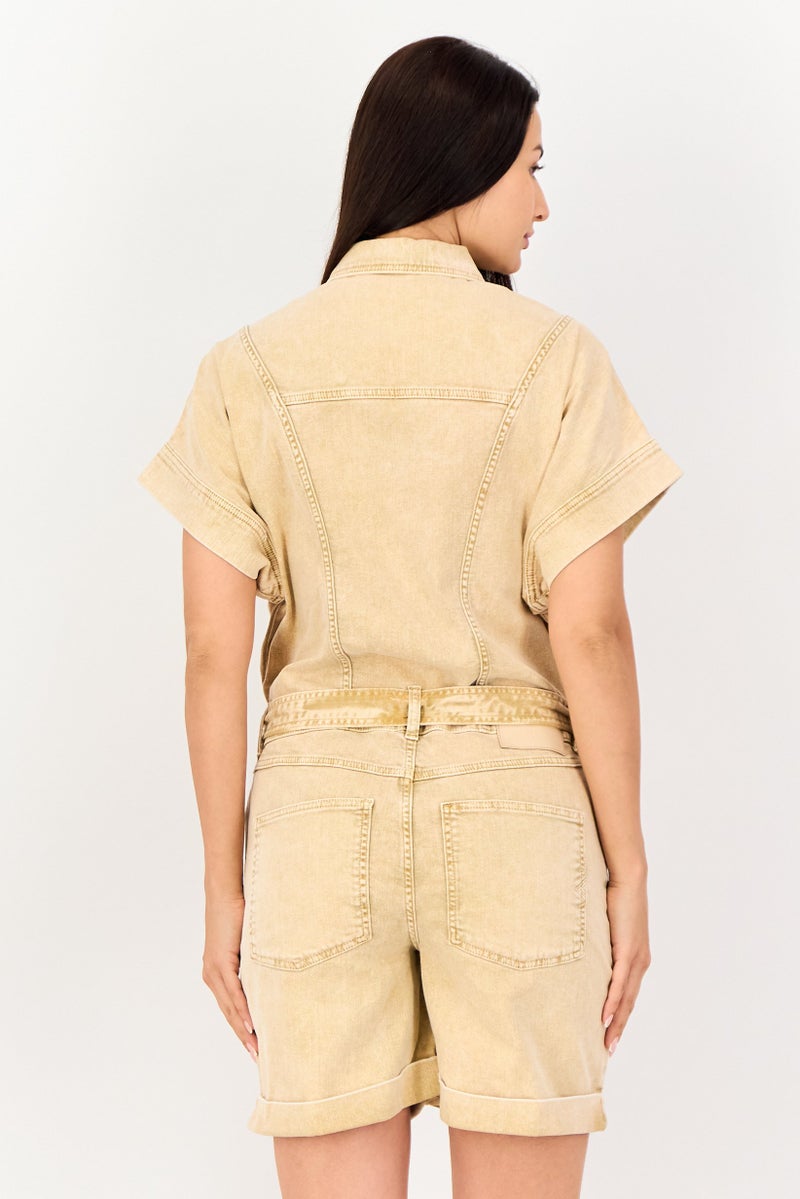 Reiko Women Short Sleeve Washed Denim Jumpsuits, Beige - Image 3
