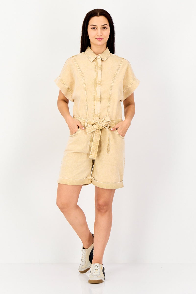 Reiko Women Short Sleeve Washed Denim Jumpsuits, Beige - Image 4