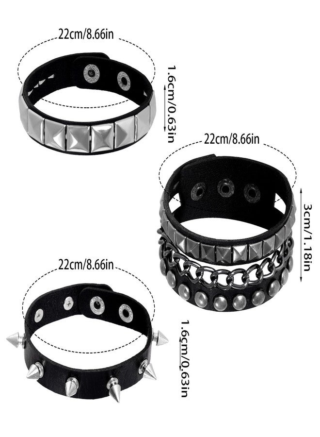 cnomg 3 Pcs Punk Rock Leather Bracelets Punk Rock Studded Bracelet Spiked Leather Cuff Bracelet for Women Men 80s Goth Rock Wristband Cuff - Image 4