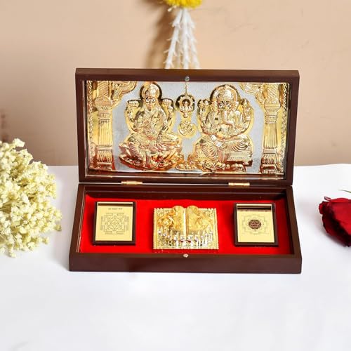JAIPUR ACE Gold Plated Laxmi Ganesh Charan Paduka Yantra | Devotional Prayer Box | Wooden Momento Decorative Showpiece Box Packing | Diwali Gifting Charan Paduka - Image 1