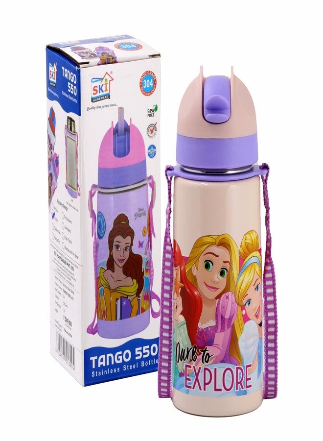 SKi Homeware TANGO Stainless Steel-304 grade Water Bottle for School, Kids favourite character prints | wide mouth | leak proof sipper | light weight | BPA Free & Food Grade - 550ML (Princess) - Image 2