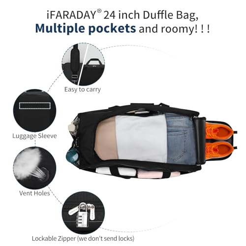 iFARADAY 47L Travel Duffel Bag with Shoe Compartment, Weekender Gym Duffle Bag with Luggage Sleeve & Multiple Pockets for Overnight Trips (Black) - Image 2