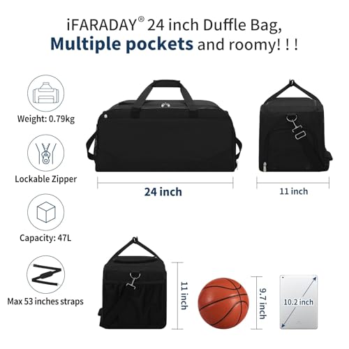 iFARADAY 47L Travel Duffel Bag with Shoe Compartment, Weekender Gym Duffle Bag with Luggage Sleeve & Multiple Pockets for Overnight Trips (Black) - Image 3