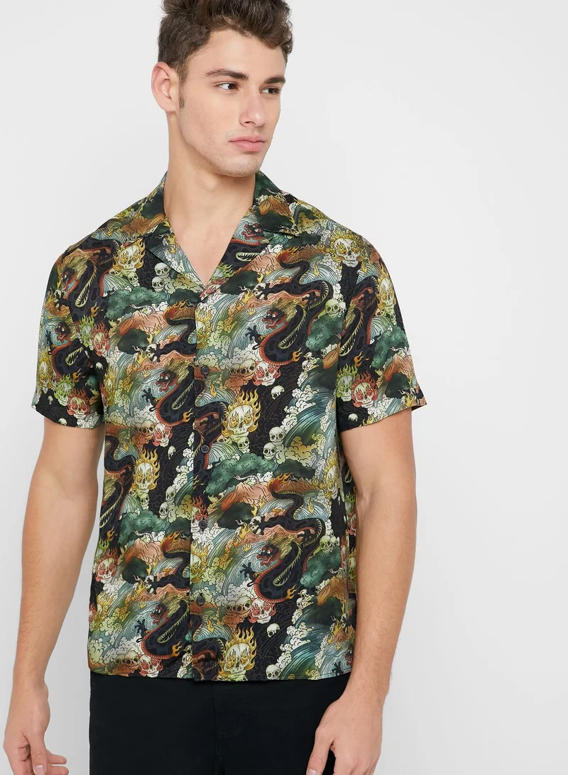 TOPMAN Skull Dragon Print Regular Fit Shirt