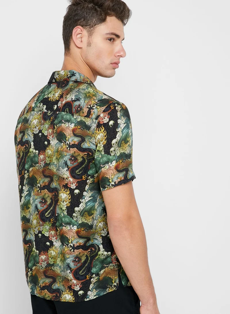 TOPMAN Skull Dragon Print Regular Fit Shirt