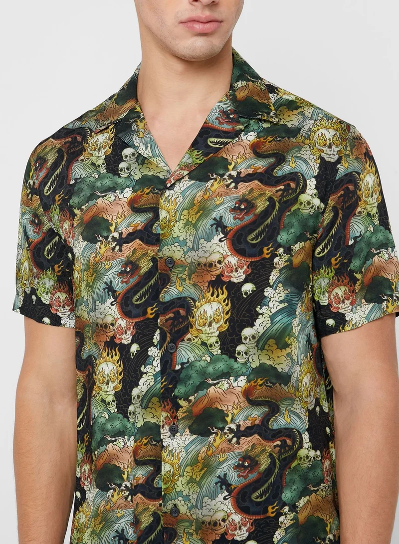 TOPMAN Skull Dragon Print Regular Fit Shirt
