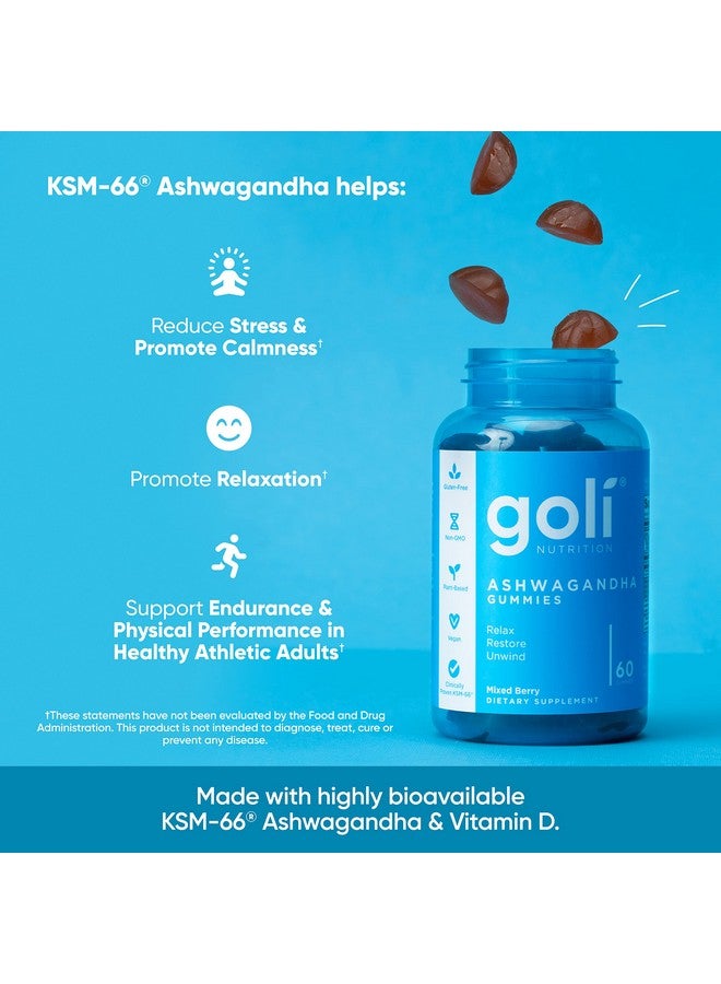 Goli Ashwagandha & Vitamin D Gummy - 60 Count - Mixed Berry, KSM-66, Vegan, Plant Based, Non-GMO, Gluten-Free & Gelatin Free Relax. Restore. Unwind, Pack of 1 - Image 5