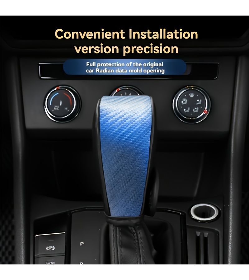 Carbon Fiber Texture Faux Leather Gear Shift Cover For Automatic Cars Black Blue 1pc - Image 3