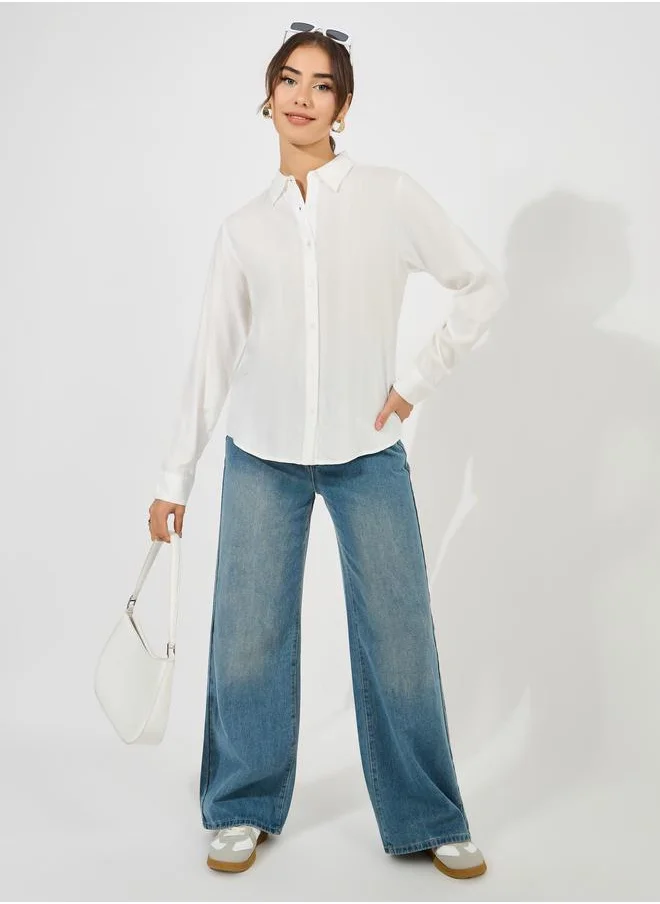 Styli Solid Dobby Collared Button Down Shirt