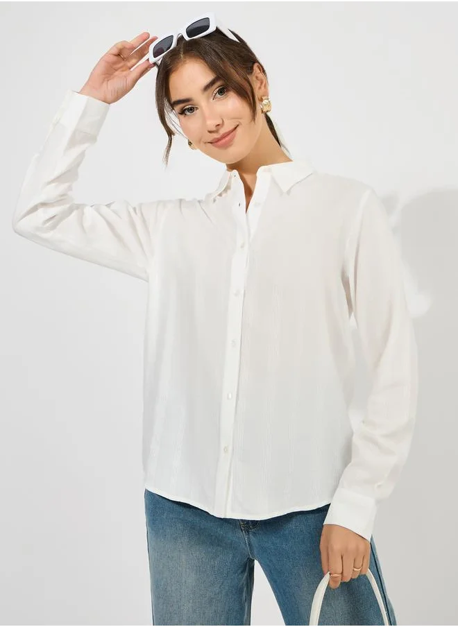 Styli Solid Dobby Collared Button Down Shirt