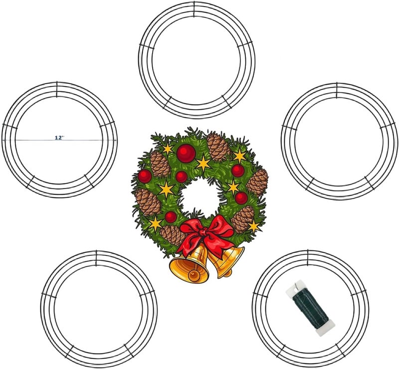 MTB Garden 12 Inch Christmas Green Wire Wreath Frame,5 Pack Metal Front Door Wreath Round Form Iron Ring for Christmas, New Year Decors, Crafts, DIY, Holidays, Events - Image 1