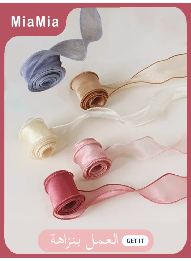 Miamia 5pcs 4cmx 10 yards (Total 50 yards), Cake Flower Ribbon Tie, Butterfly DIY Headband Material, Wave Curl Packaging Tie, Fishtail Yarn Woven Satin Floating Color Ribbon For Room Decoration, Wedding Party Decoration Ribbon, Unique Gift Box Tie Ribbon  - Image 1