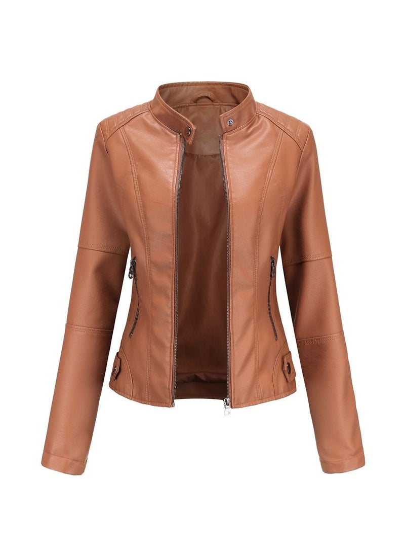 Loquat Women's Leather Suit Slim Fitting Jacket Thin Motorcycle Suit Stand Collar Leather Jacket Light Tan  - Image 1