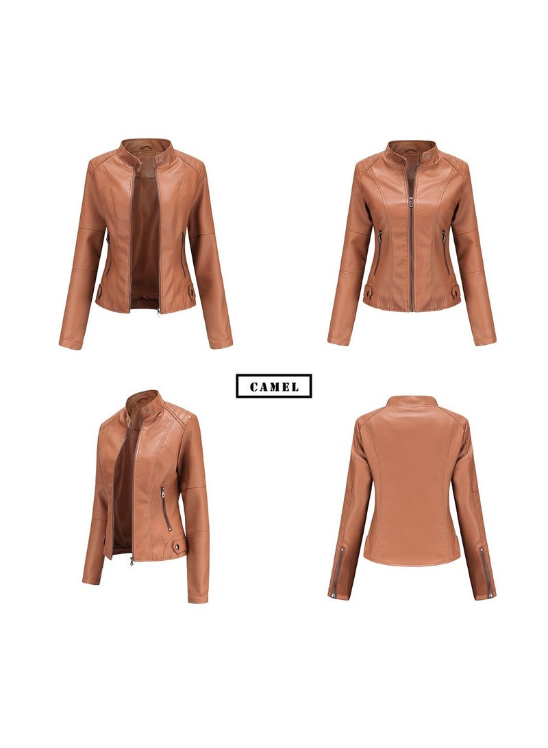 Loquat Women's Leather Suit Slim Fitting Jacket Thin Motorcycle Suit Stand Collar Leather Jacket Light Tan  - Image 2