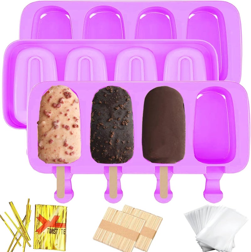 BZIDII 3pcs Large Silicone Popsicle Molds Set, 4 Cavities Cake Pop Molds,Oval Ice Cream Bar Mold Ice Pop Cakesicle Molds Silicone with 100 Wooden Sticks & 100 Bags &100 Twist Ties(Purple) - Image 1