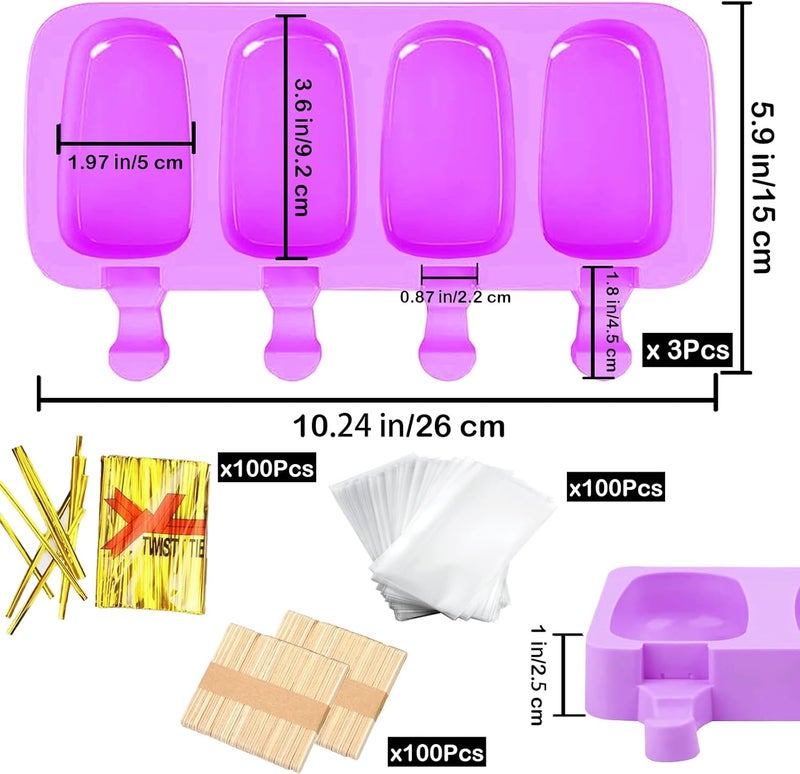 BZIDII 3pcs Large Silicone Popsicle Molds Set, 4 Cavities Cake Pop Molds,Oval Ice Cream Bar Mold Ice Pop Cakesicle Molds Silicone with 100 Wooden Sticks & 100 Bags &100 Twist Ties(Purple) - Image 2