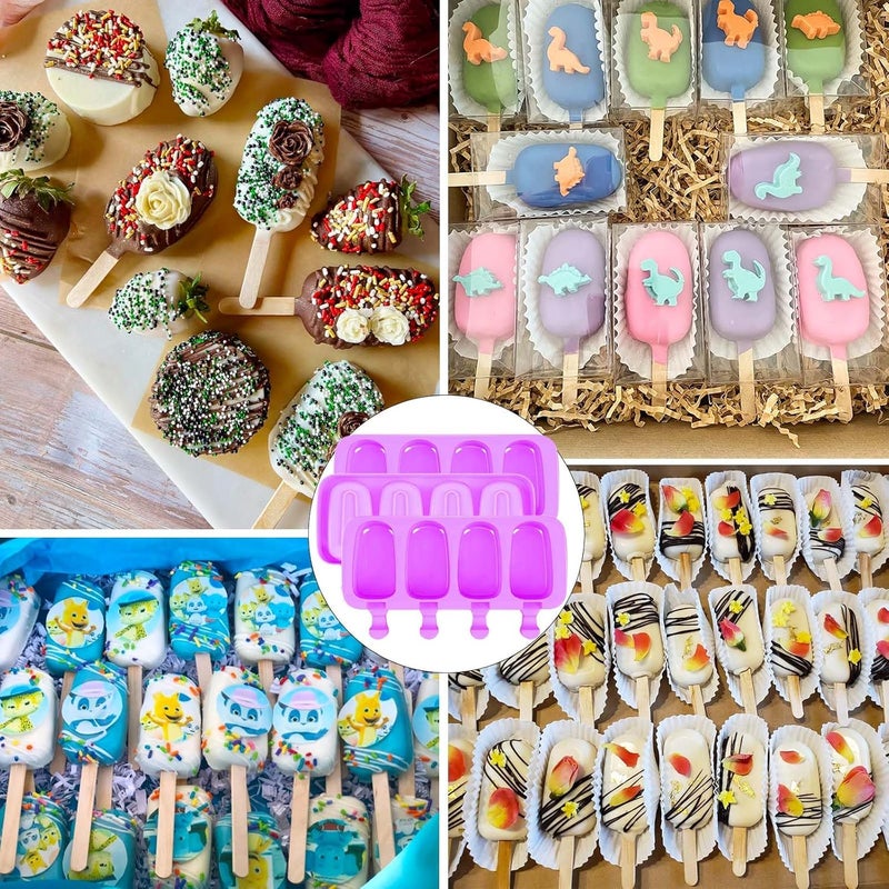 BZIDII 3pcs Large Silicone Popsicle Molds Set, 4 Cavities Cake Pop Molds,Oval Ice Cream Bar Mold Ice Pop Cakesicle Molds Silicone with 100 Wooden Sticks & 100 Bags &100 Twist Ties(Purple) - Image 3