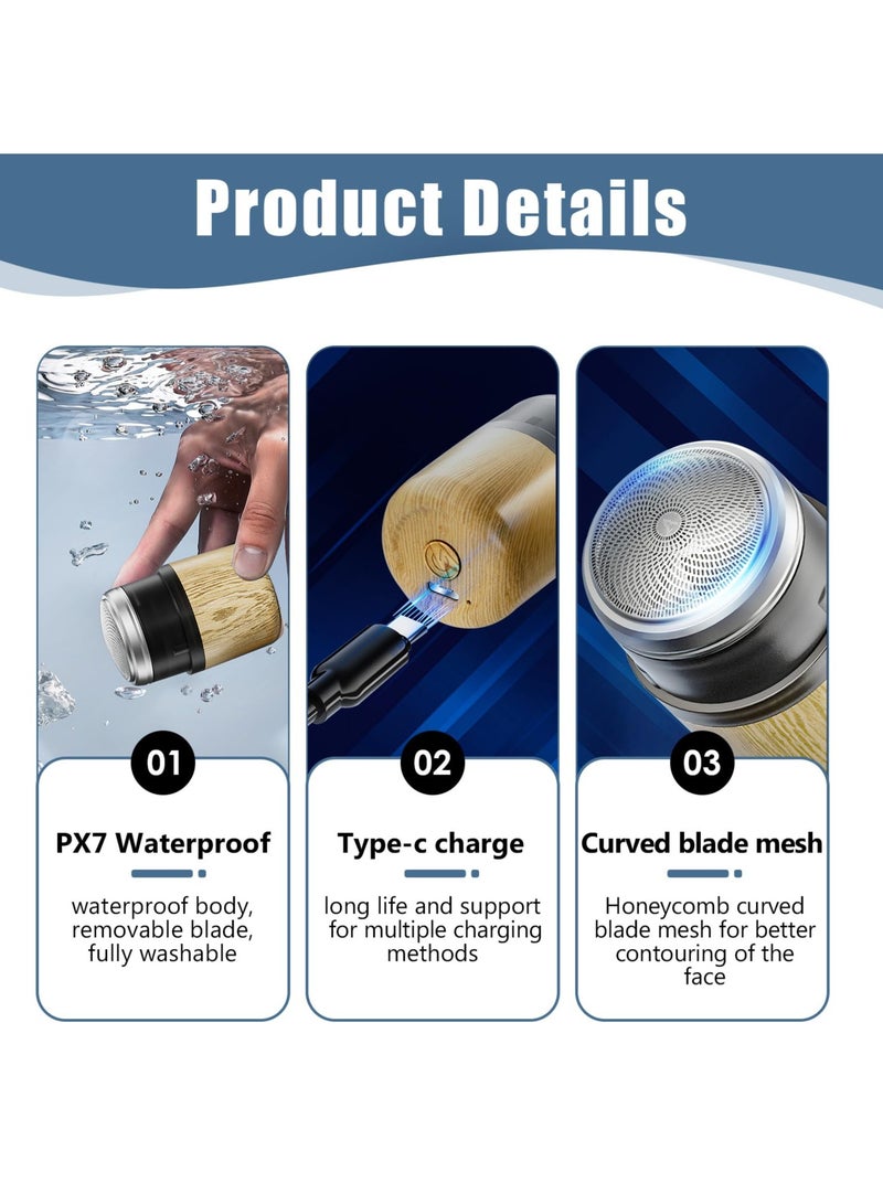 SOLARAE Mini Portable Electric Shaver for Men, Pocket Size Type-C Rechargeable Razor, Washable Waterproof Rotary Shavers, Wet and Dry Use Beard Trimmer, for Home Travel Office Business (Wood Grain) - Image 2