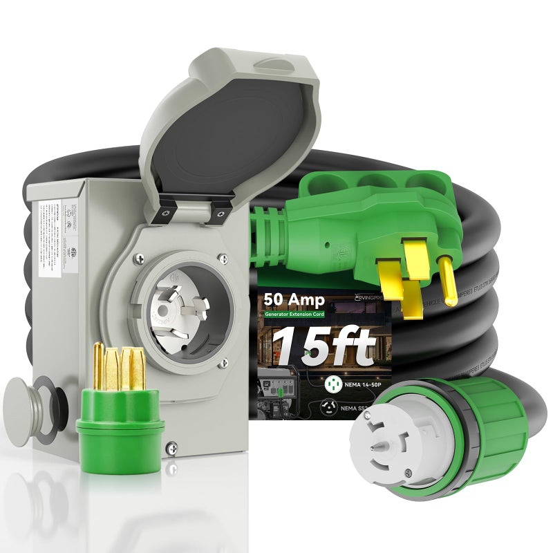 RVINGPRO 50 Amp Generator Cord 15FT and Power Inlet Box, Pre-Drilled 50 Amp Generator Inlet Box with Cord, NEMA 14-50P to SS2-50R Generator Cord Waterproof Combo Kit, ETL Listed - Image 1