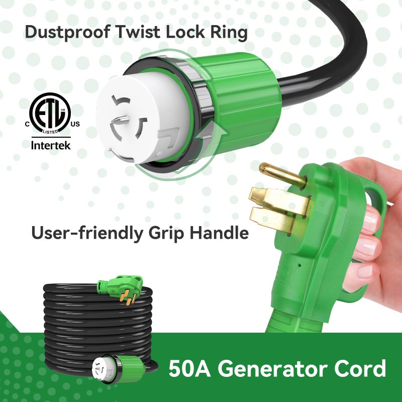 RVINGPRO 50 Amp Generator Cord 15FT and Power Inlet Box, Pre-Drilled 50 Amp Generator Inlet Box with Cord, NEMA 14-50P to SS2-50R Generator Cord Waterproof Combo Kit, ETL Listed - Image 4