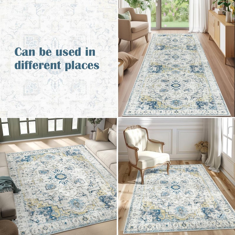 jinchan Area Rug 274x183CM Washable Vintage Carpet Indoor Distressed Mat Light Blue Multi Thin Foldable Accent Lightweight Floor Cover for Kitchen Living Room Bedroom Dining Room - Image 5