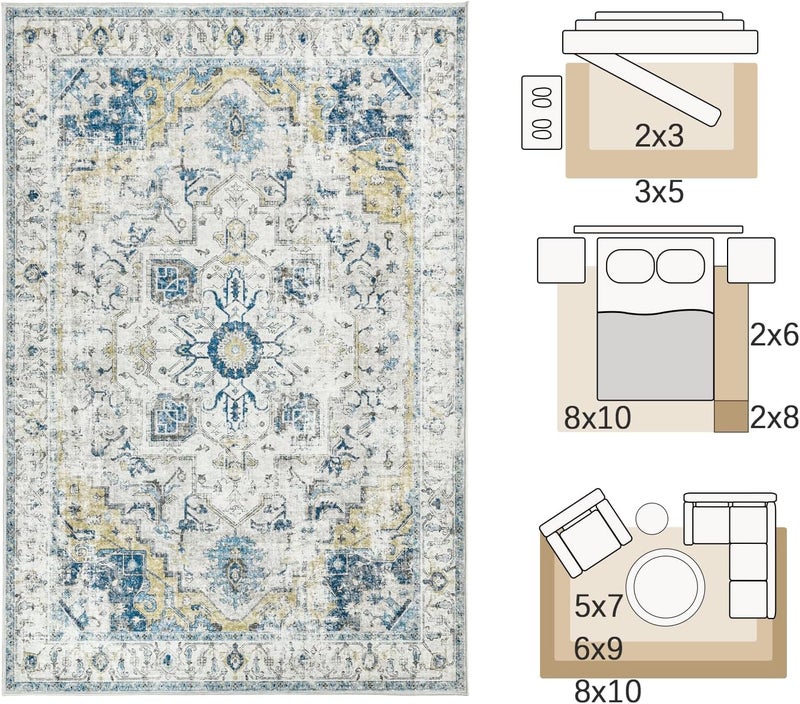 jinchan Area Rug 274x183CM Washable Vintage Carpet Indoor Distressed Mat Light Blue Multi Thin Foldable Accent Lightweight Floor Cover for Kitchen Living Room Bedroom Dining Room - Image 2