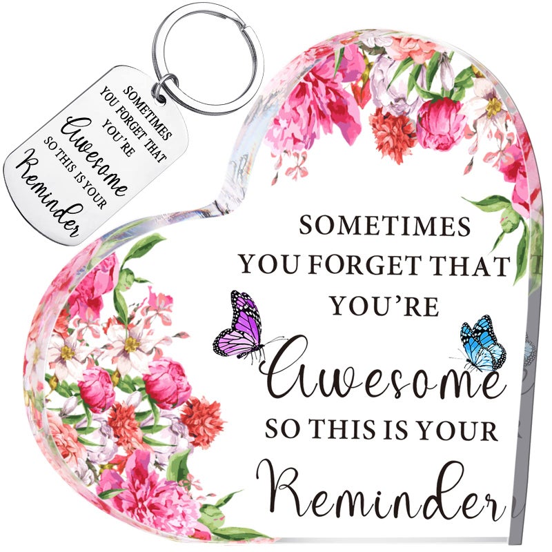 Acrylic Heart Inspirational Gift for Women  Sometimes You Forget You Are Awesome  Thanks Gift with Keychain Flower 6 x 6