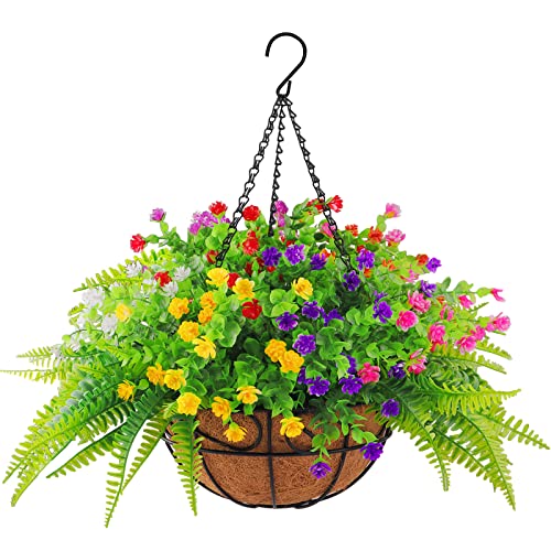 Elecxlink Artificial Fake Hanging Plants Flowers Basket for Outdoor Spring Summer Decorarion, UV Resistant Faux Rose Eucalyptus Boston Ferns Plants for Indoor Outside Garden Porch Patio Balcony Decor - Image 1