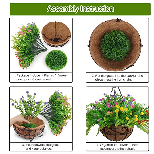 Elecxlink Artificial Fake Hanging Plants Flowers Basket for Outdoor Spring Summer Decorarion, UV Resistant Faux Rose Eucalyptus Boston Ferns Plants for Indoor Outside Garden Porch Patio Balcony Decor - Image 2