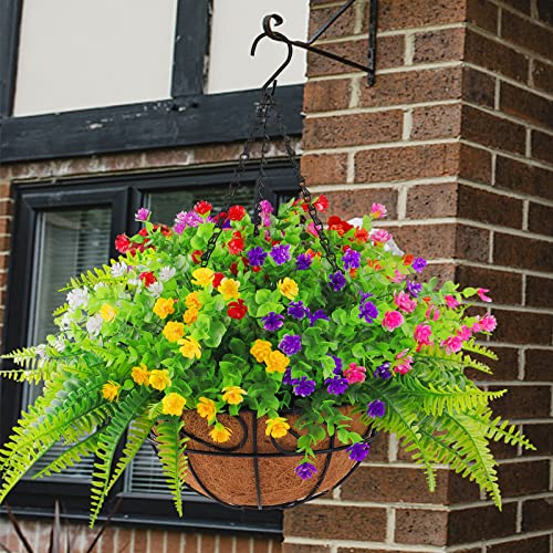 Elecxlink Artificial Fake Hanging Plants Flowers Basket for Outdoor Spring Summer Decorarion, UV Resistant Faux Rose Eucalyptus Boston Ferns Plants for Indoor Outside Garden Porch Patio Balcony Decor - Image 5