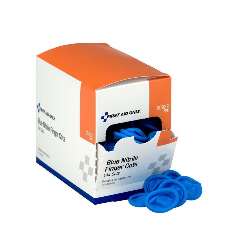 First Aid Only أول مساعدة 90922 قفازات أصابع نيتريل زرقاء، واقيات أصابع مطاطية قابلة للاستخدام لمرة واحدة للمكاتب والمطابخ والمنزل والمزيد، عبوة 144 - Image 1