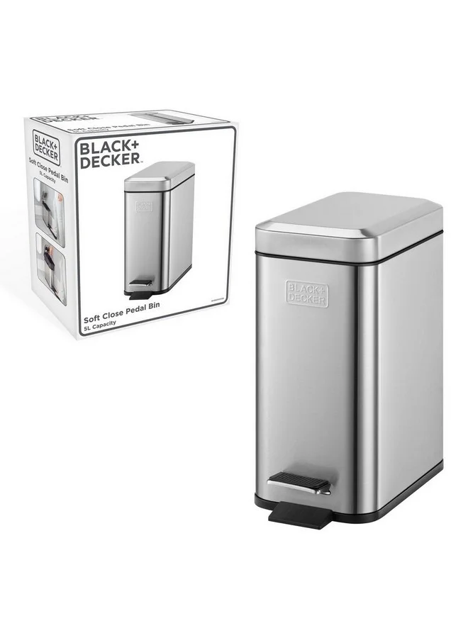 BLACK+DECKER Slim Line Soft Close Stainless Steel Pedal Trash Bin Silver and Black 5 L 61084