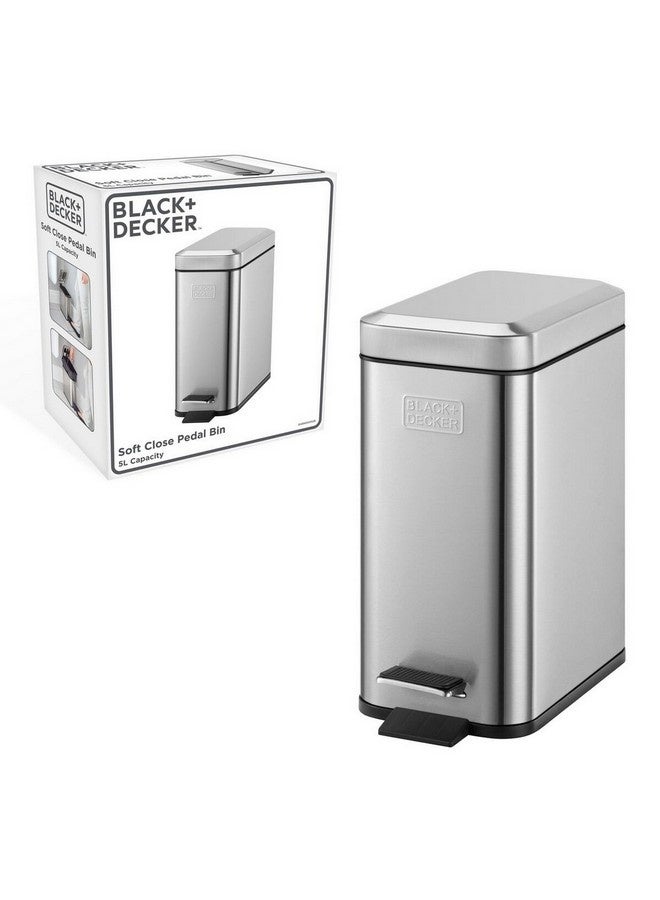 بلاك اند ديكر سلة نفايات قدمية نحيفة بغطاء مغلق بلطف من ستانلس ستيل – فضي وأسود، سعة 5 لترا 61084 - Image 1