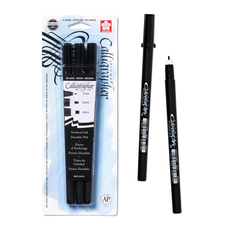 SAKURA 50319 3-Piece Pigma Blister Card Calligrapher Pen Set, Black - Image 1
