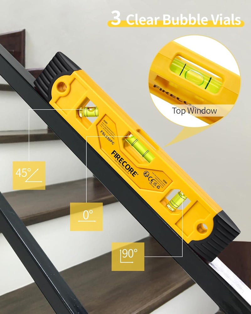 Firecore Torpedo Level Magnetic, 9 Inch Shockproof Small Leveler Tool with 3 Bubble Spirit Level 45 90 180 Degree, Construction Levelers for Hanging Pictures Install Shelf Home Renovation - Image 4